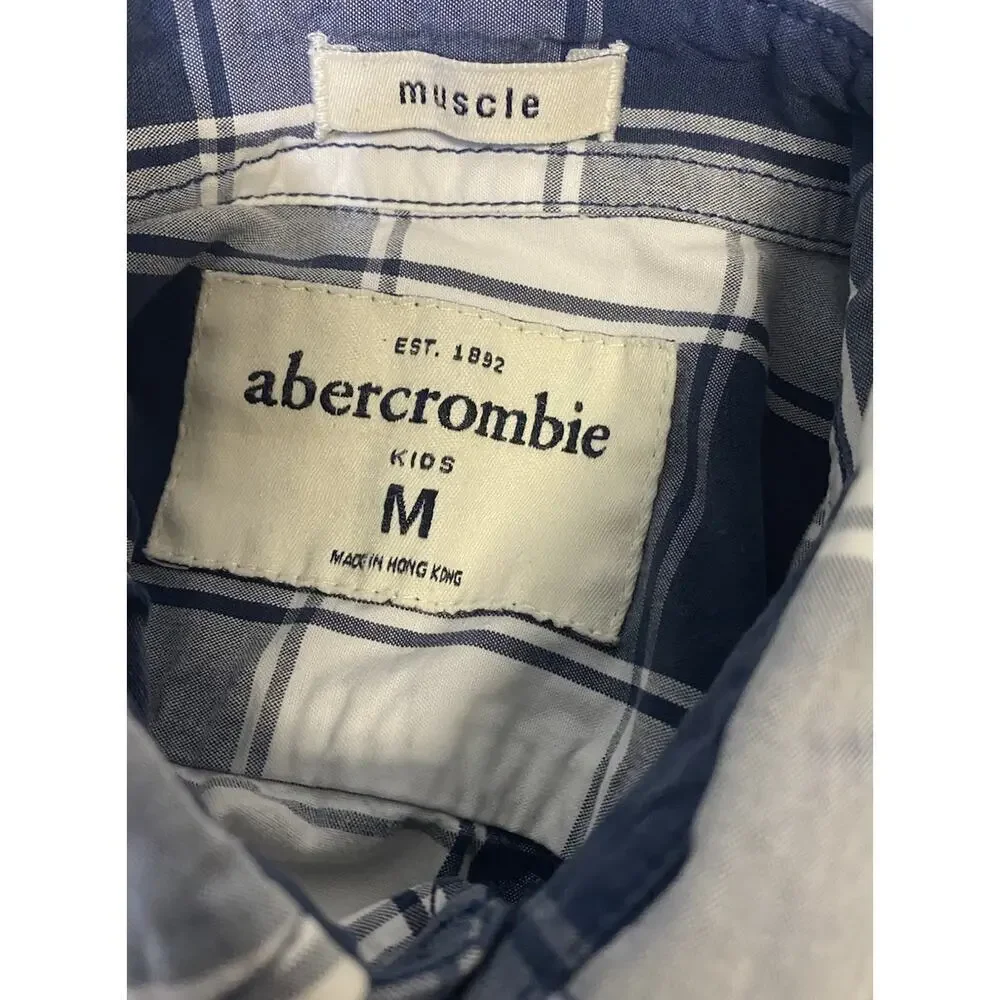 Abercrombie & Fitch Boys Muscle Button Up Kids Size M Plaid Short Sleeve, Blue
